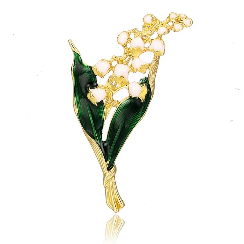 White Floral Leaf Brooch Trendy Alloy Enamel Lily Valley Gold Color