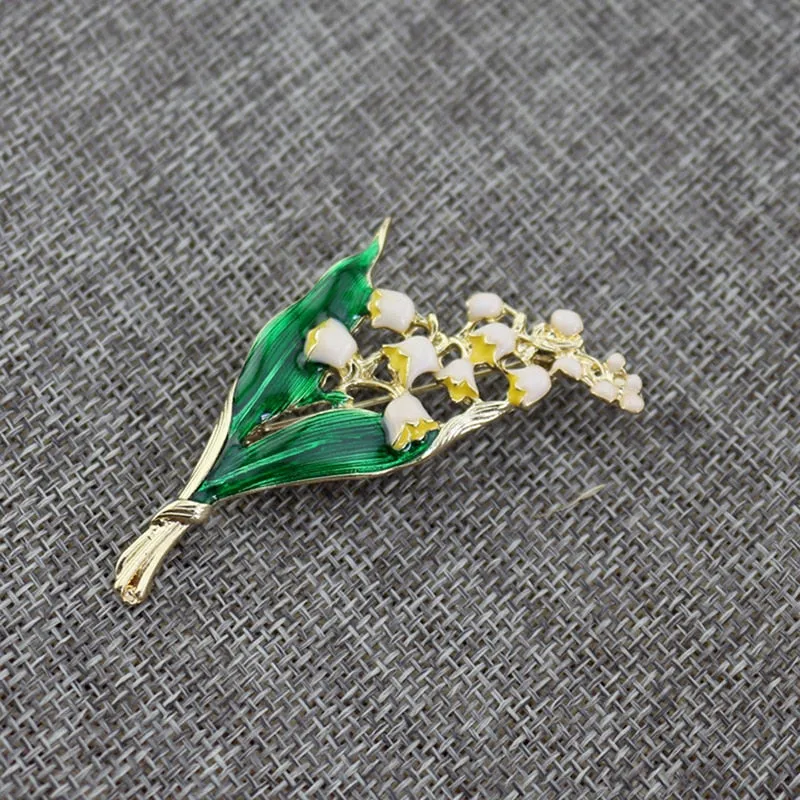 White Floral Leaf Brooch Trendy Alloy Enamel Lily Valley Gold Color