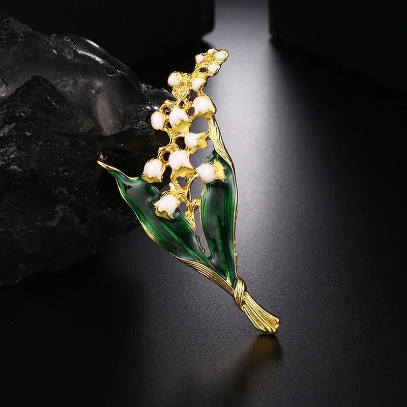 White Floral Leaf Brooch Trendy Alloy Enamel Lily Valley Gold Color