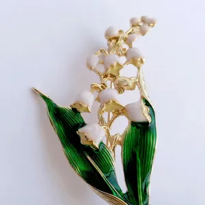 White Floral Leaf Brooch Trendy Alloy Enamel Lily Valley Gold Color