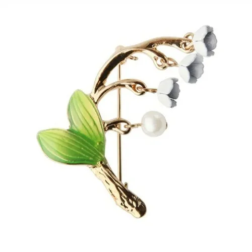 White Floral Leaf Brooch Trendy Alloy Enamel Lily Valley Gold Color