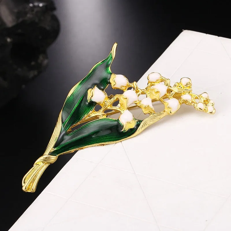 White Floral Leaf Brooch Trendy Alloy Enamel Lily Valley Gold Color