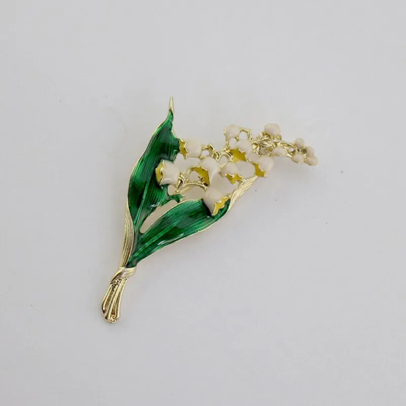 White Floral Leaf Brooch Trendy Alloy Enamel Lily Valley Gold Color