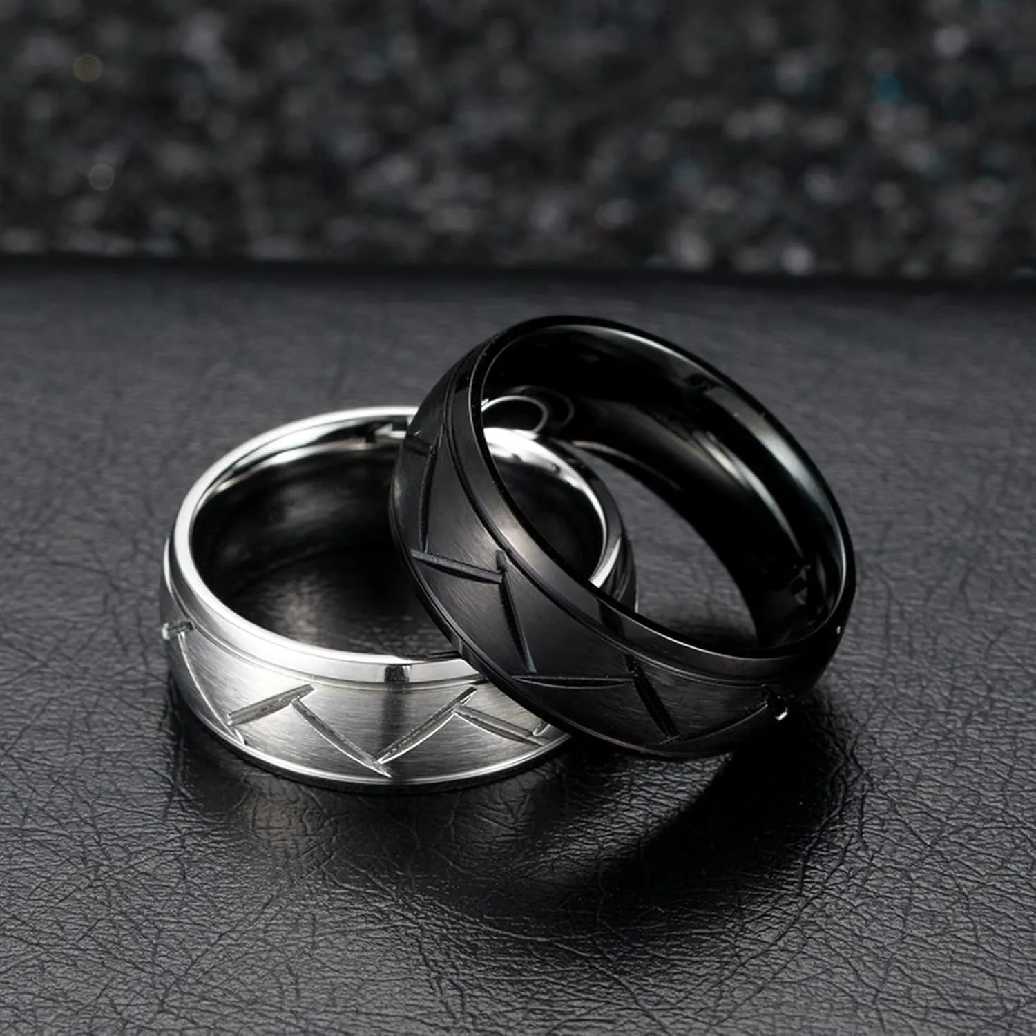 Women Rings Engagement, Stainless Steel Rings for Women Black Silver Brushed Ring 8mm Engagement Couple Rings