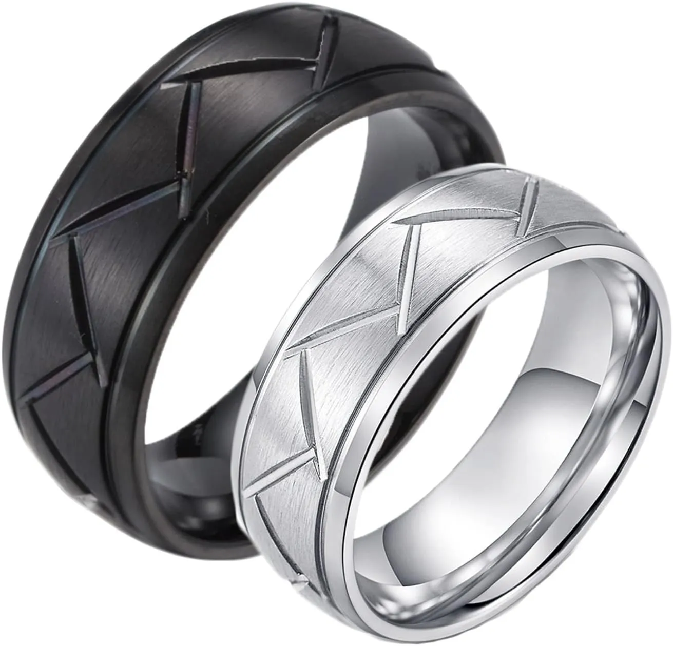 Women Rings Engagement, Stainless Steel Rings for Women Black Silver Brushed Ring 8mm Engagement Couple Rings