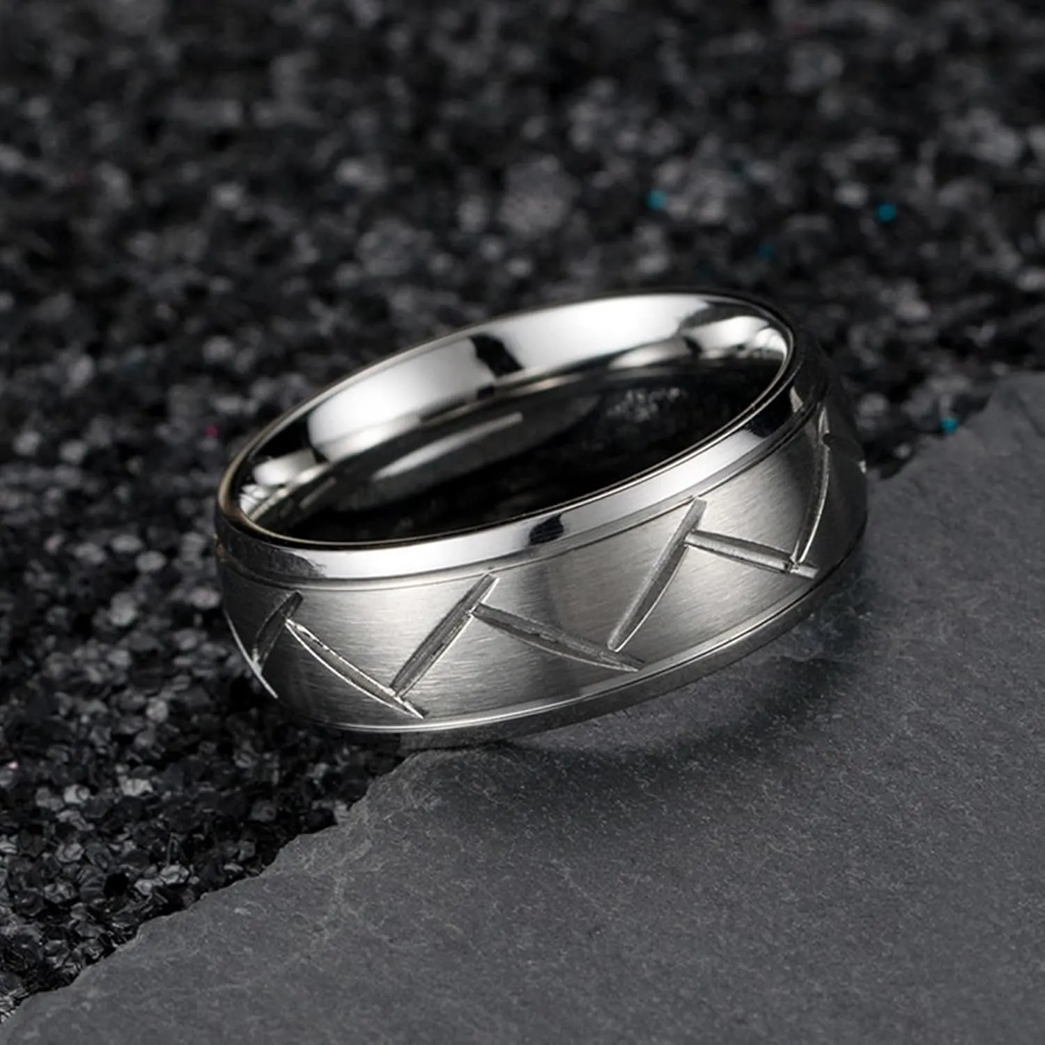 Women Rings Engagement, Stainless Steel Rings for Women Black Silver Brushed Ring 8mm Engagement Couple Rings