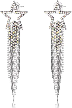 Women??s Tassel Earrings Star Ear Stud Pave Crystal Dangle Earrings Boho Waterfall Beaded Fringe Drop Earring