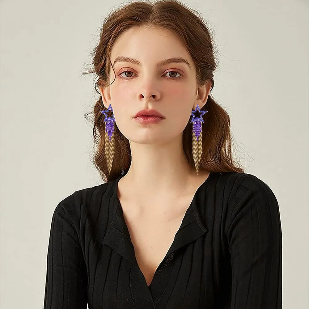 Womens Tassel Earrings Star Ear Stud Pave Crystal Dangle Earrings Boho Waterfall Beaded Fringe Drop Earring