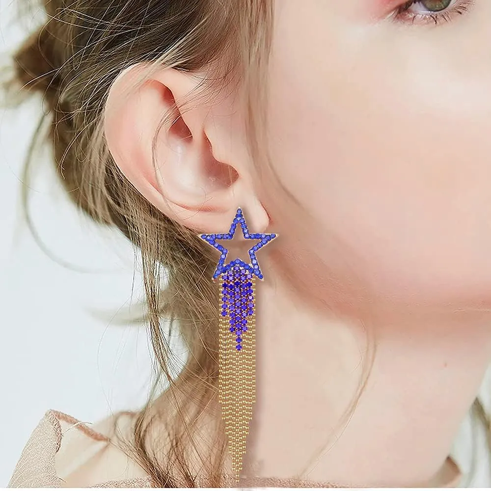 Womens Tassel Earrings Star Ear Stud Pave Crystal Dangle Earrings Boho Waterfall Beaded Fringe Drop Earring