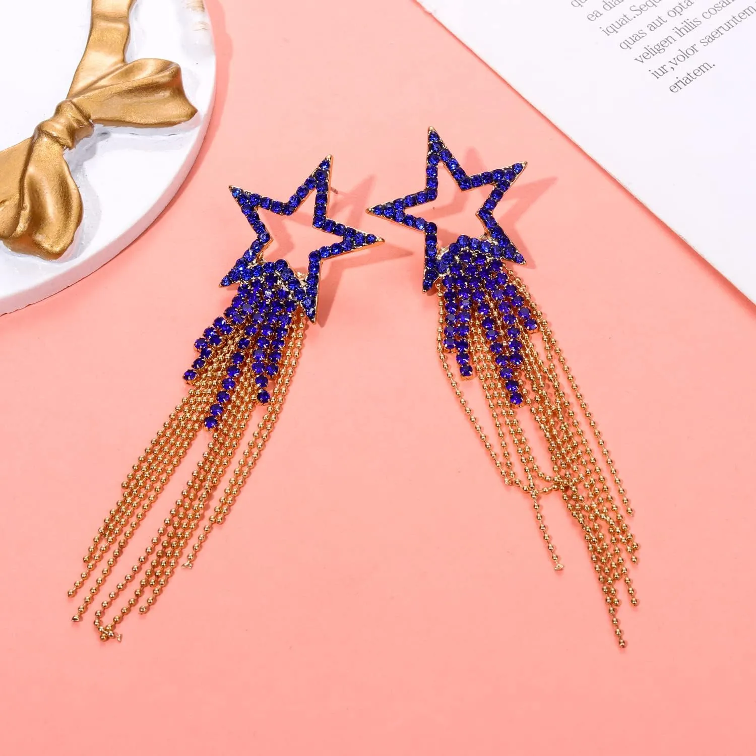 Womens Tassel Earrings Star Ear Stud Pave Crystal Dangle Earrings Boho Waterfall Beaded Fringe Drop Earring