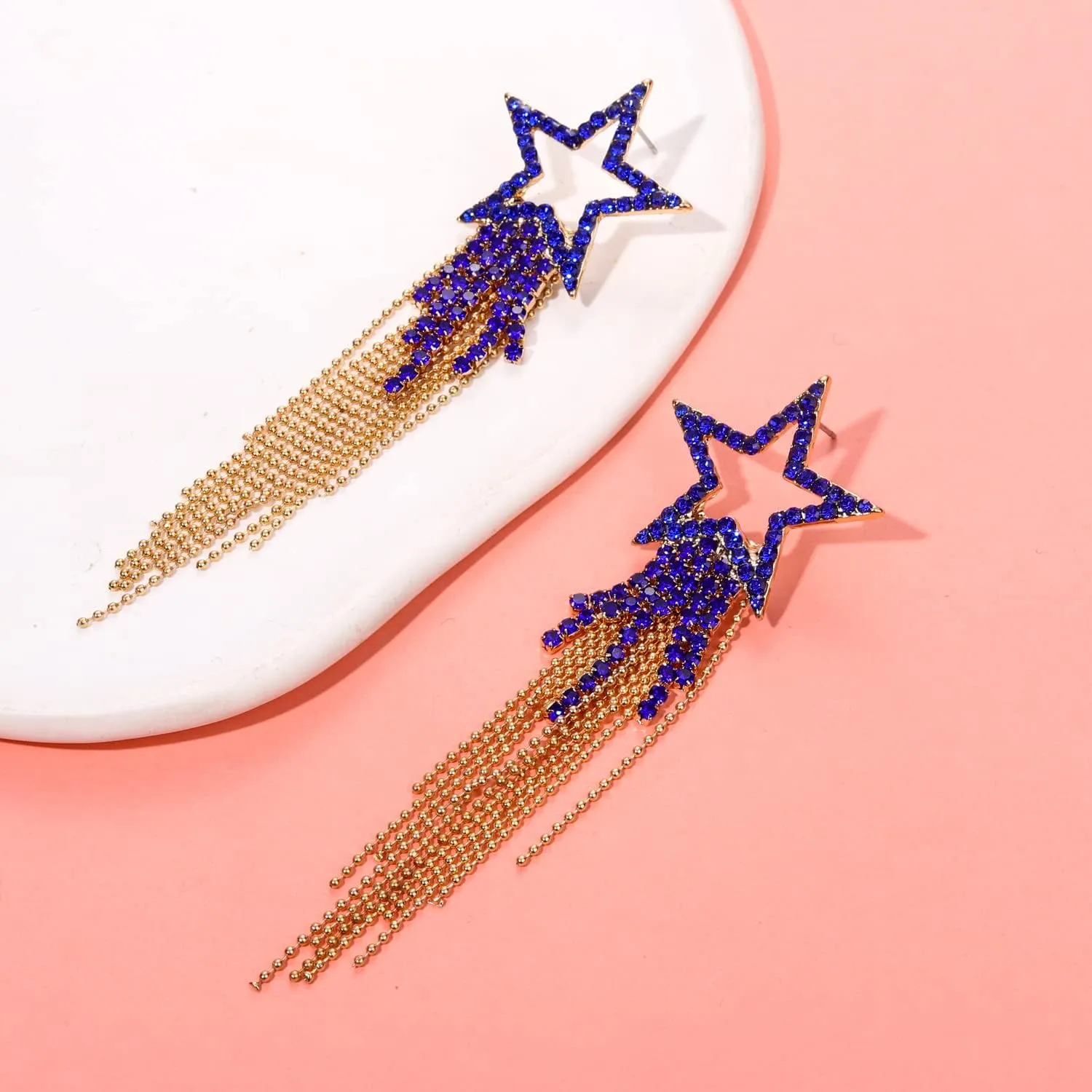 Womens Tassel Earrings Star Ear Stud Pave Crystal Dangle Earrings Boho Waterfall Beaded Fringe Drop Earring