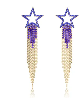 Womens Tassel Earrings Star Ear Stud Pave Crystal Dangle Earrings Boho Waterfall Beaded Fringe Drop Earring