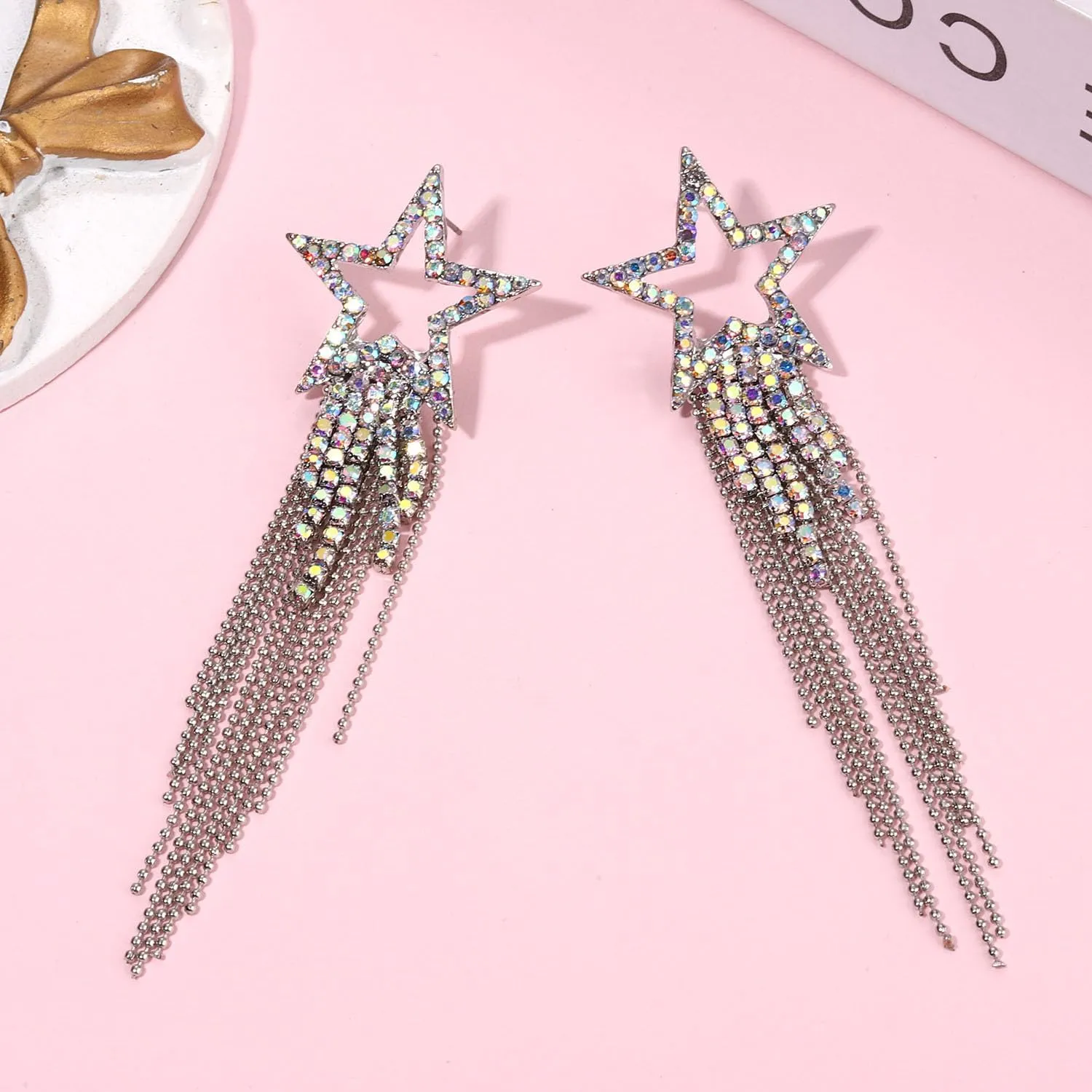 Women??s Tassel Earrings Star Ear Stud Pave Crystal Dangle Earrings Boho Waterfall Beaded Fringe Drop Earring