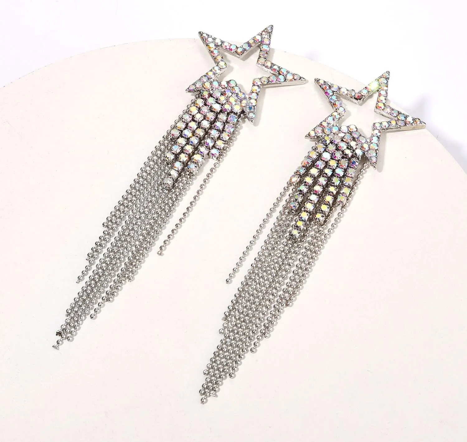 Women??s Tassel Earrings Star Ear Stud Pave Crystal Dangle Earrings Boho Waterfall Beaded Fringe Drop Earring