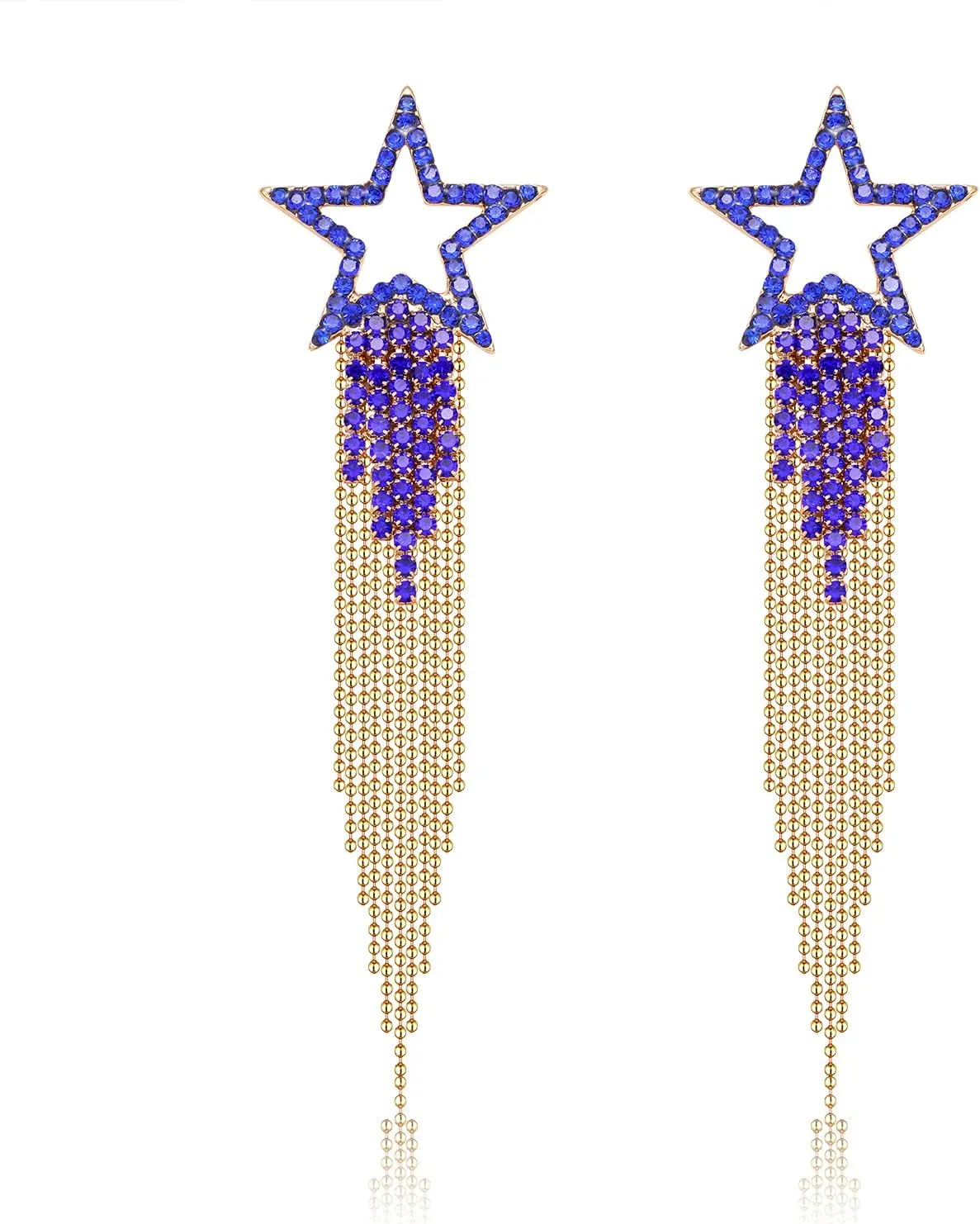 Womens Tassel Earrings Star Ear Stud Pave Crystal Dangle Earrings Boho Waterfall Beaded Fringe Drop Earring