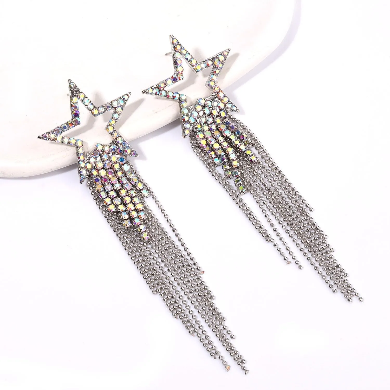 Women??s Tassel Earrings Star Ear Stud Pave Crystal Dangle Earrings Boho Waterfall Beaded Fringe Drop Earring