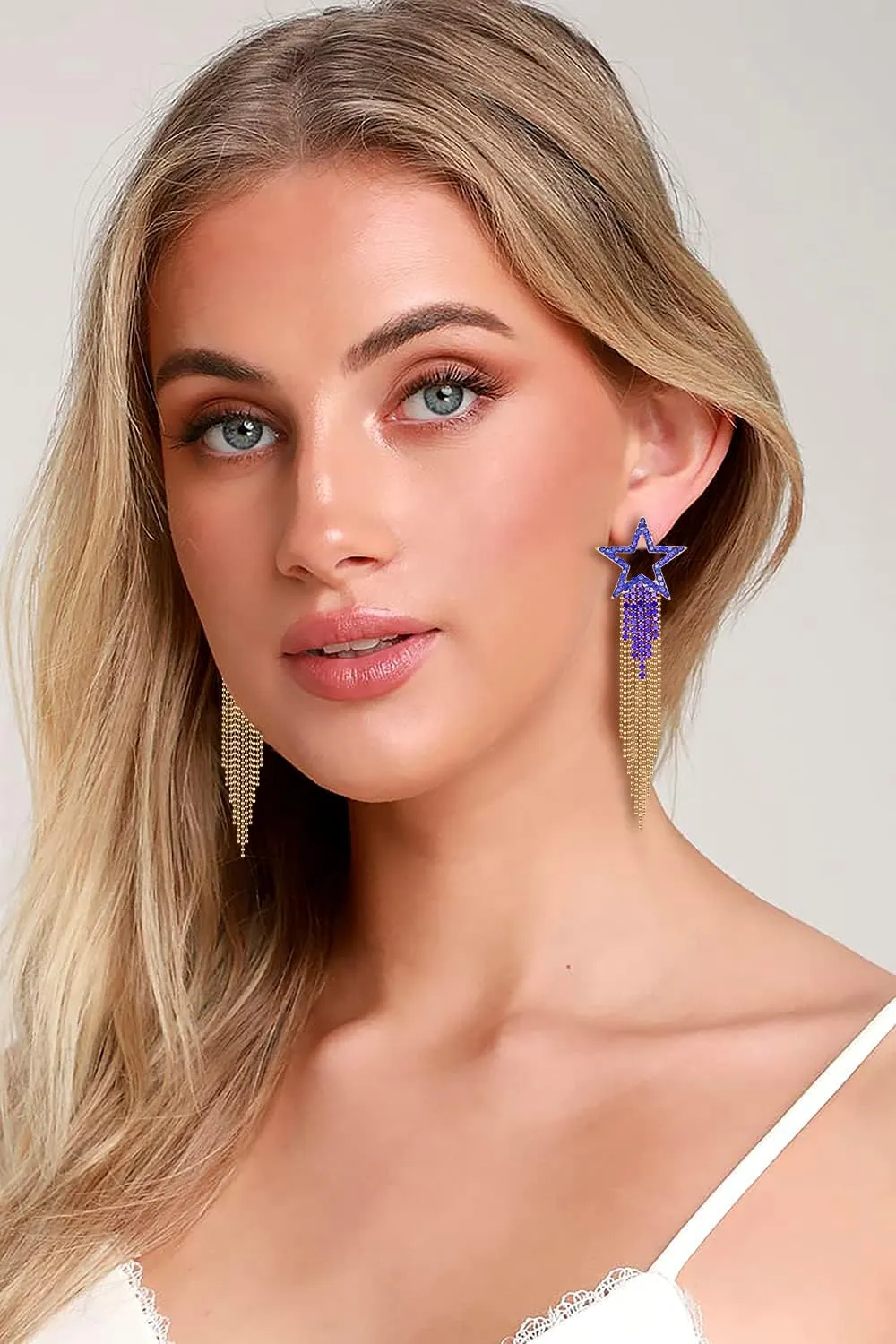Womens Tassel Earrings Star Ear Stud Pave Crystal Dangle Earrings Boho Waterfall Beaded Fringe Drop Earring