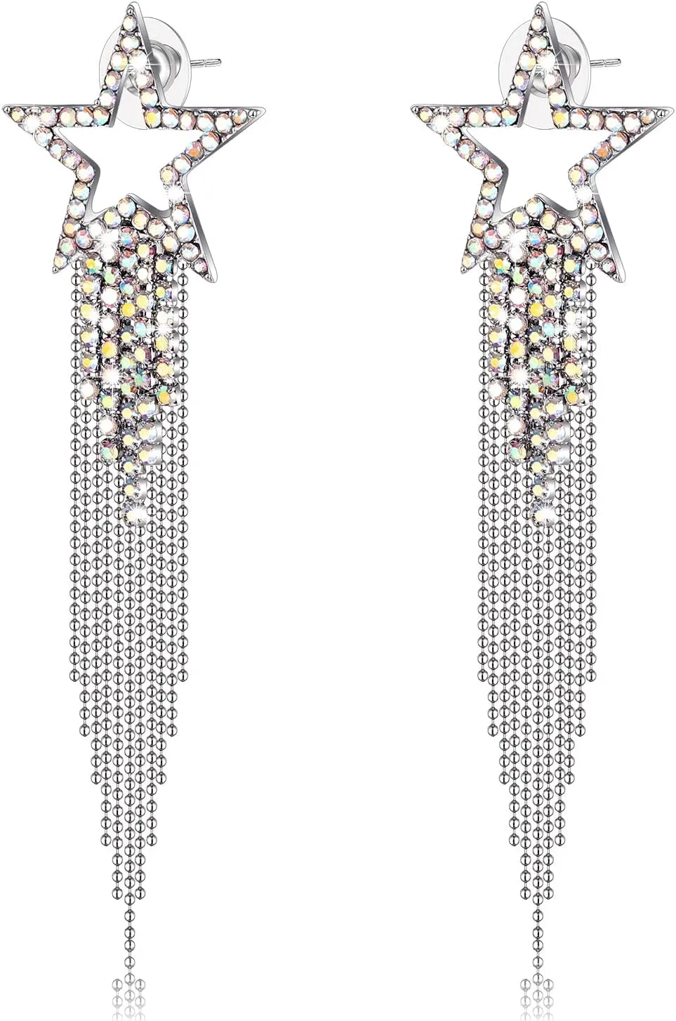 Women??s Tassel Earrings Star Ear Stud Pave Crystal Dangle Earrings Boho Waterfall Beaded Fringe Drop Earring
