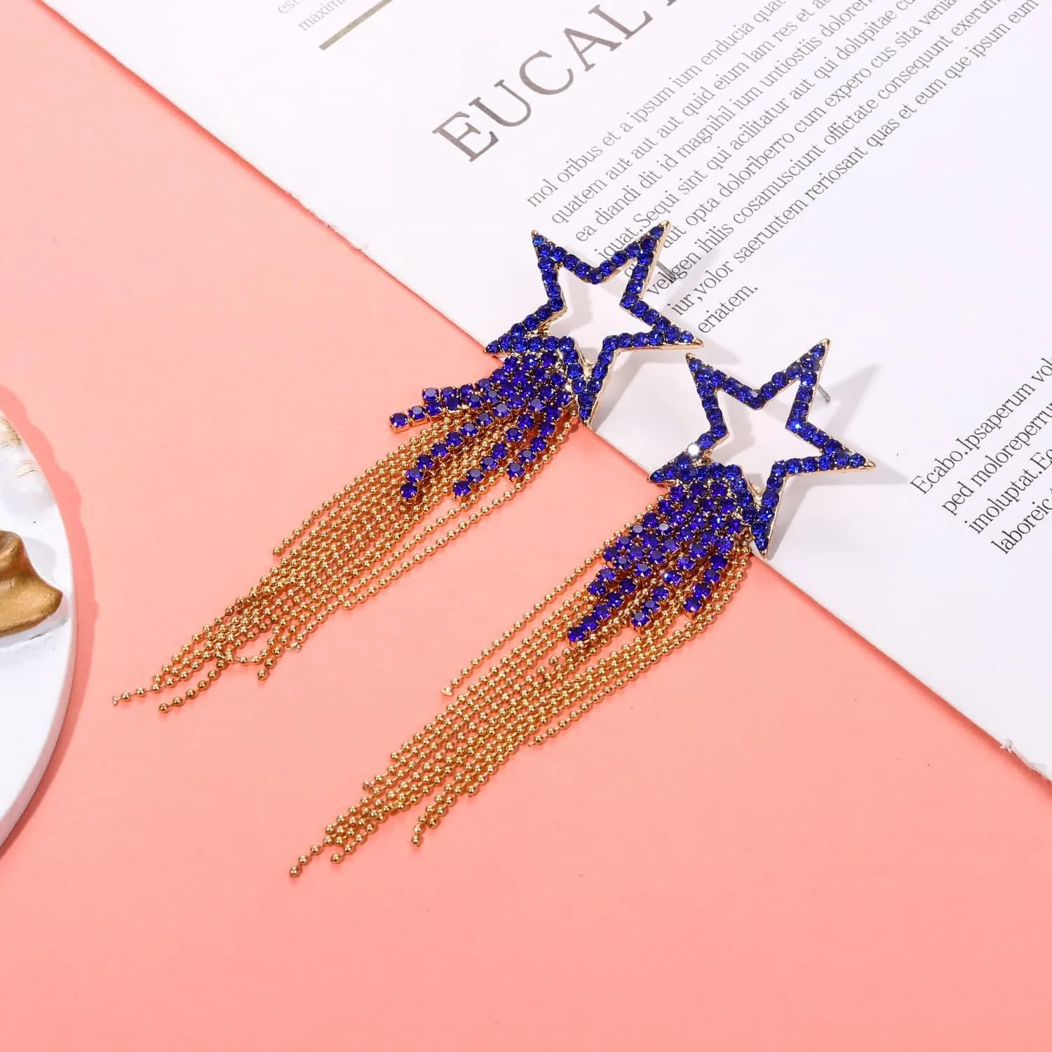 Womens Tassel Earrings Star Ear Stud Pave Crystal Dangle Earrings Boho Waterfall Beaded Fringe Drop Earring