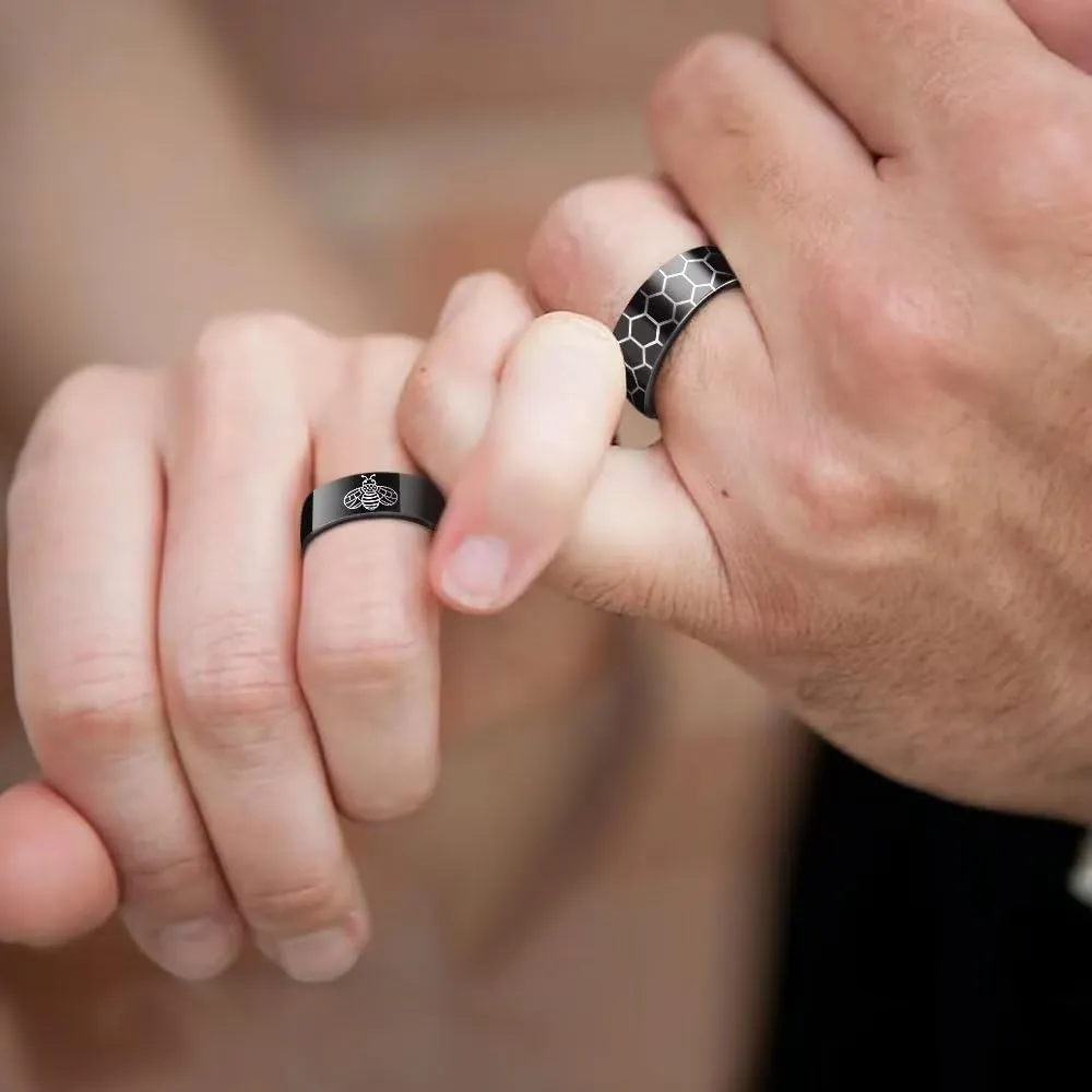 XAHH His Hers Bee and Honeycomb Couples Rings I Love You Romantic Anniversary Promise Wedding Band 6mm Stainless Steel Lovers Ring Size 5-13