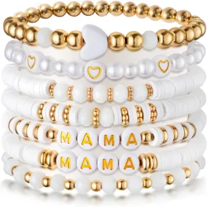 Y1tvei 7Pcs Mama Gray Bracelets Set Wooden Stackable Heishi Polymer Clay Beaded Stretch Surfer Bracelet Dainty Gold Plated Beads Elastic Layering Bracelet Mama to Be Mother's Day Gifts for Mom