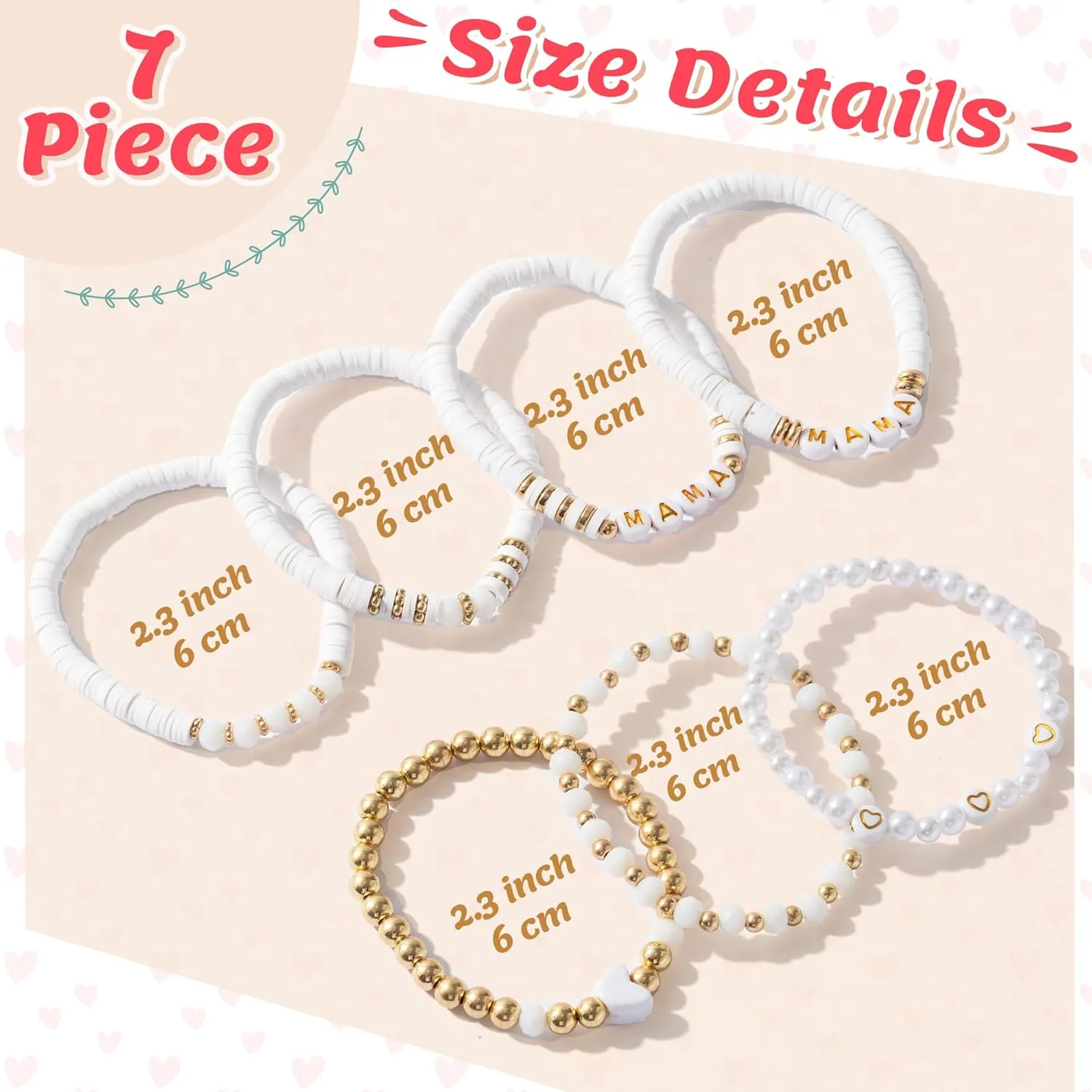 Y1tvei 7Pcs Mama Gray Bracelets Set Wooden Stackable Heishi Polymer Clay Beaded Stretch Surfer Bracelet Dainty Gold Plated Beads Elastic Layering Bracelet Mama to Be Mother's Day Gifts for Mom