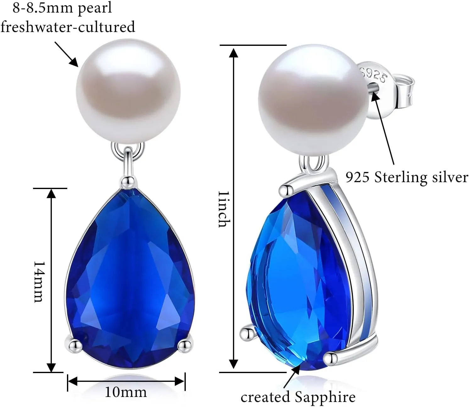 YAMI Pearl Earrings for Women, 925 Sterling Silver Studs 10 * 14mm Pear Shaped Colored Zircon Birthstone Drop Dangle Earrings, 8-8.5MM Freshwater Cultured Pearl Jewelry Gifts