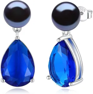 YAMI Pearl Earrings for Women, 925 Sterling Silver Studs 10 * 14mm Pear Shaped Colored Zircon Birthstone Drop Dangle Earrings, 8-8.5MM Freshwater Cultured Pearl Jewelry Gifts
