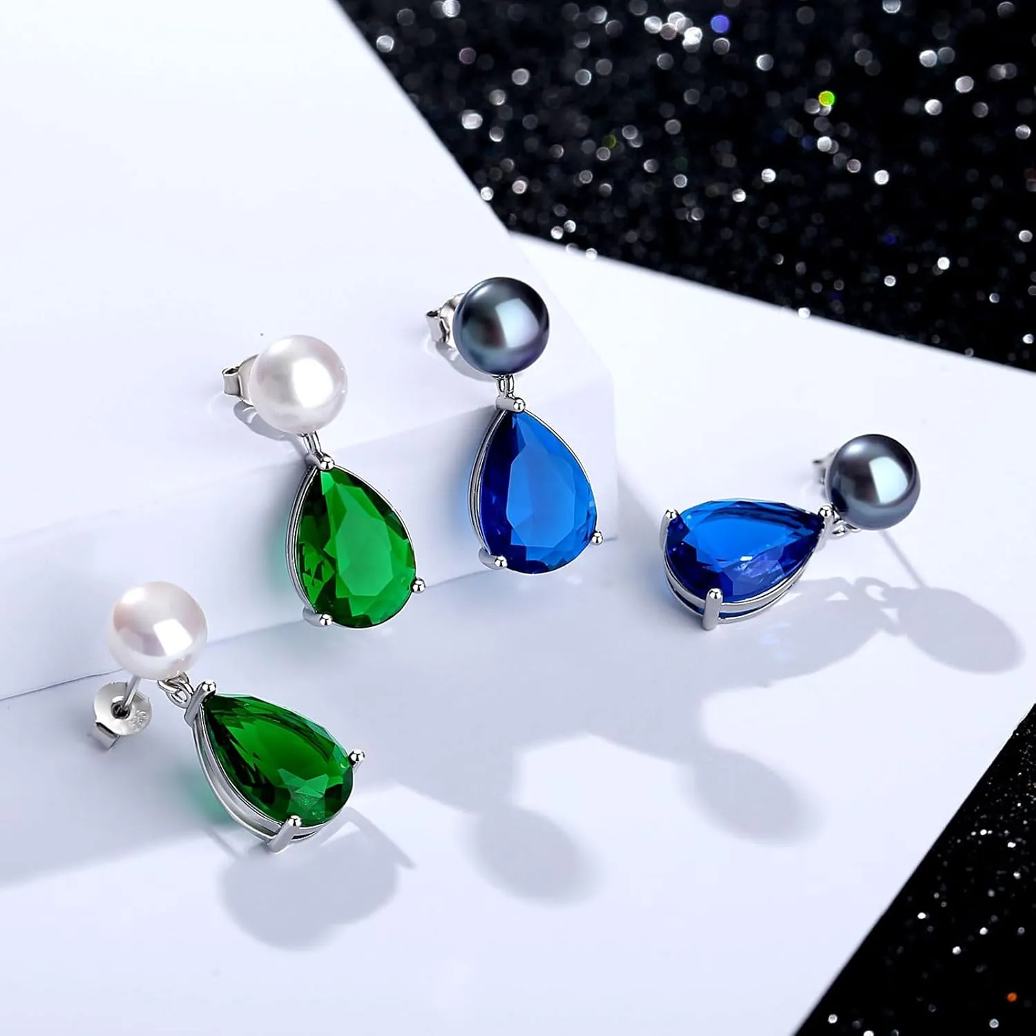 YAMI Pearl Earrings for Women, 925 Sterling Silver Studs 10 * 14mm Pear Shaped Colored Zircon Birthstone Drop Dangle Earrings, 8-8.5MM Freshwater Cultured Pearl Jewelry Gifts