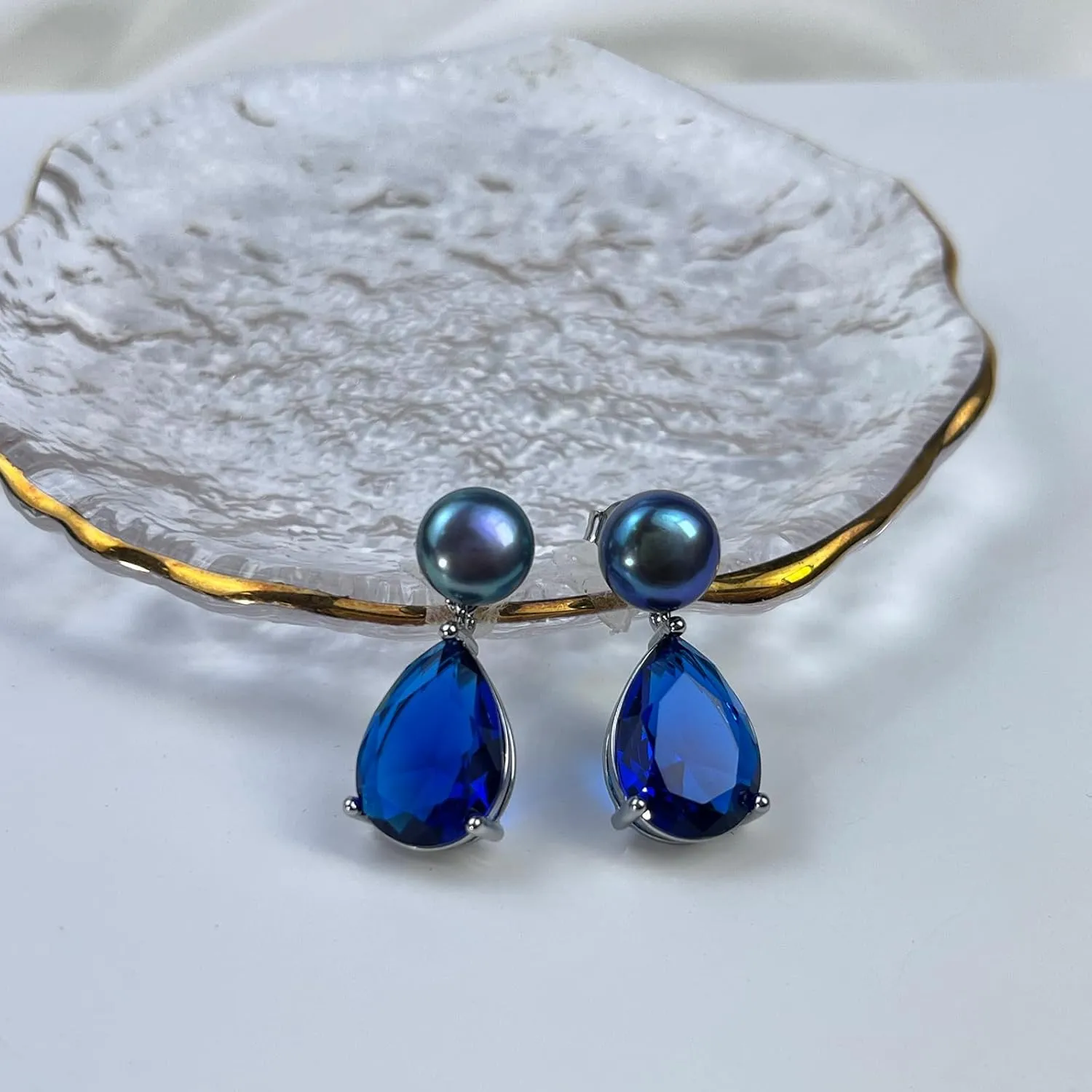 YAMI Pearl Earrings for Women, 925 Sterling Silver Studs 10 * 14mm Pear Shaped Colored Zircon Birthstone Drop Dangle Earrings, 8-8.5MM Freshwater Cultured Pearl Jewelry Gifts