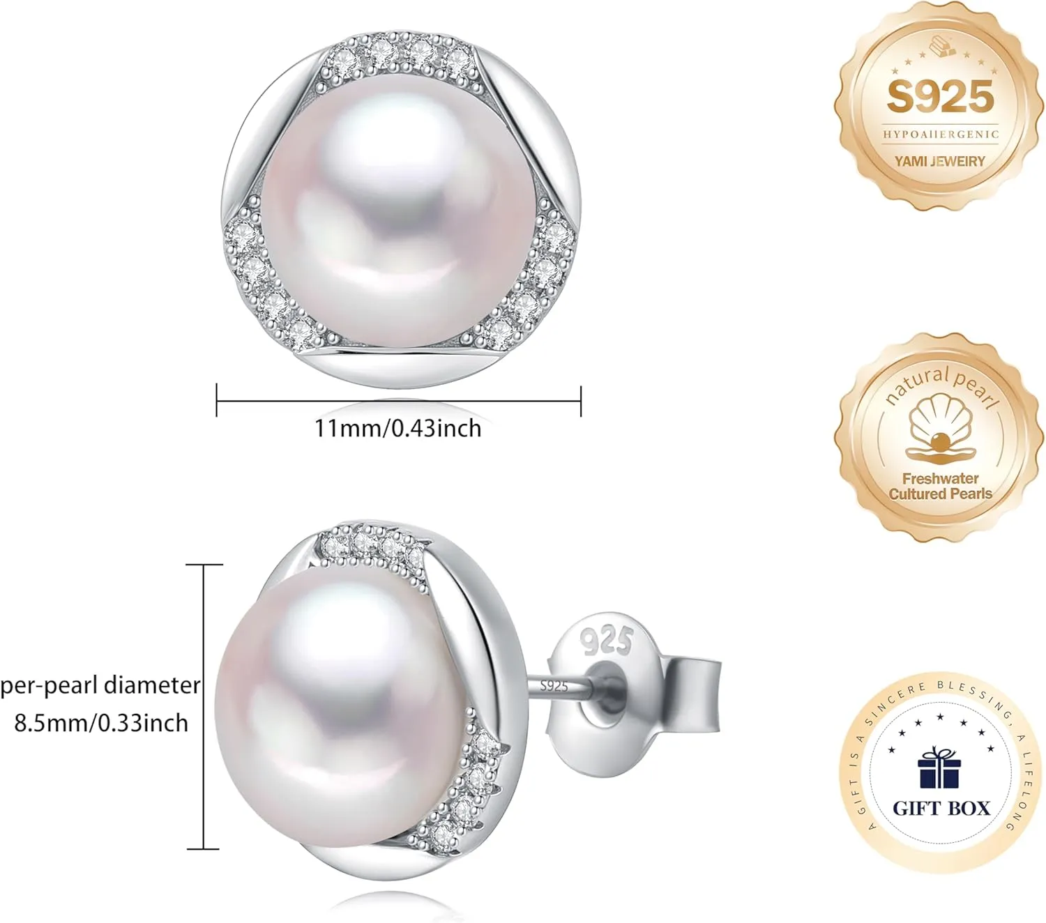 YAMI Sterling Silver Natural Cultured Pearl Earrings for Women, Black/White/Pink/Grey Pearl Stud Earrings 8MM, Hypoallergenic Jewelry Gifts for Mother Wife Her