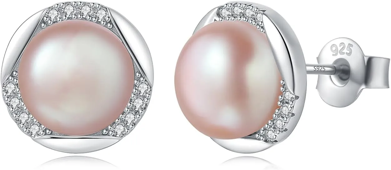YAMI Sterling Silver Natural Cultured Pearl Earrings for Women, Black/White/Pink/Grey Pearl Stud Earrings 8MM, Hypoallergenic Jewelry Gifts for Mother Wife Her