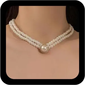 YienDoo 2 Tier 1920s Pearl Choker Necklaces Vintage Layered Faux Pearls Necklace Round Rhinestones Pearl Pendant Necklaces French Pearls Chain Necklace Wedding Costume Accessory for Women