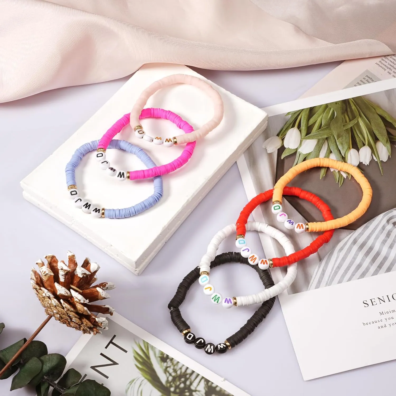 Yowivon Colorful Friendship Bracelets Set Preppy Flower Heart Star Evil Eye Beaded Pearl Clay Bead Bracelets