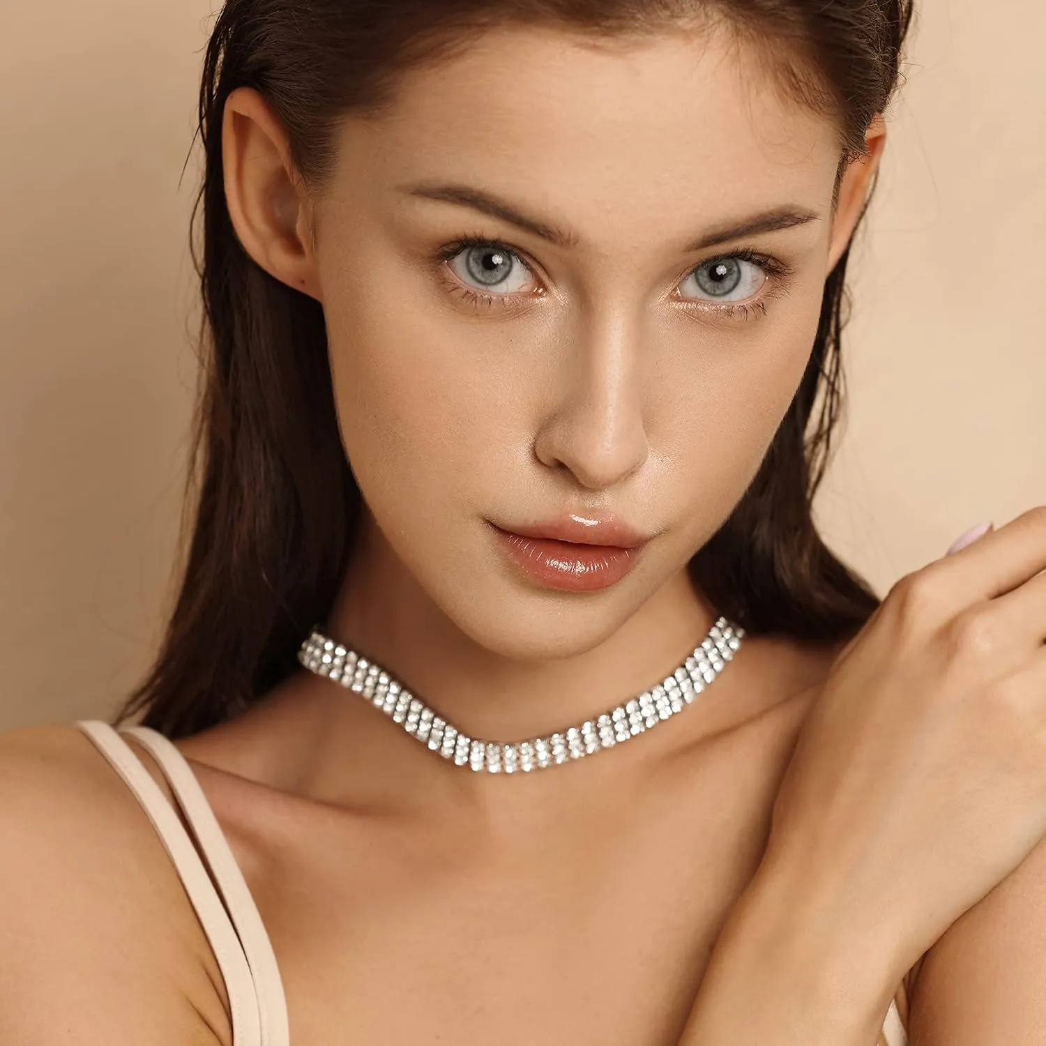 Zealmer 18K Gold Plated 1-6 Rows Rhinestone Choker Necklace & Bracelets Set Bridal Jewelry