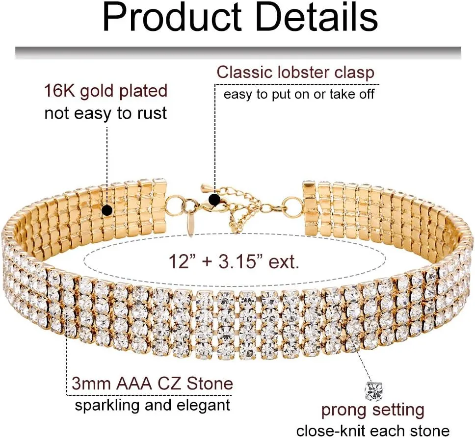 Zealmer 18K Yellow Gold Plated 1-5 Rows Rhinestone Choker Necklace & Stretch Bracelets Set Wedding Jewelry