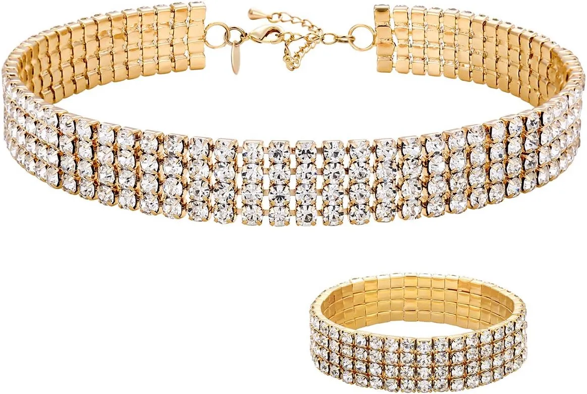 Zealmer 18K Yellow Gold Plated 1-5 Rows Rhinestone Choker Necklace & Stretch Bracelets Set Wedding Jewelry