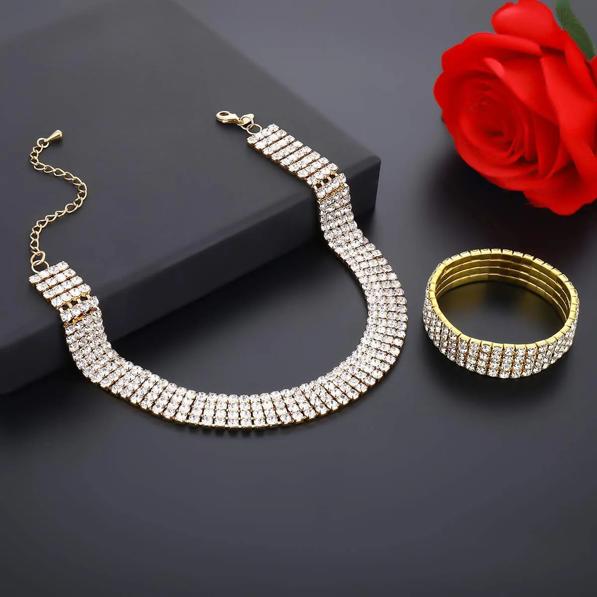 Zealmer 18K Yellow Gold Plated 1-5 Rows Rhinestone Choker Necklace & Stretch Bracelets Set Wedding Jewelry