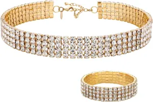 Zealmer 18K Yellow Gold Plated 1-5 Rows Rhinestone Choker Necklace & Stretch Bracelets Set Wedding Jewelry