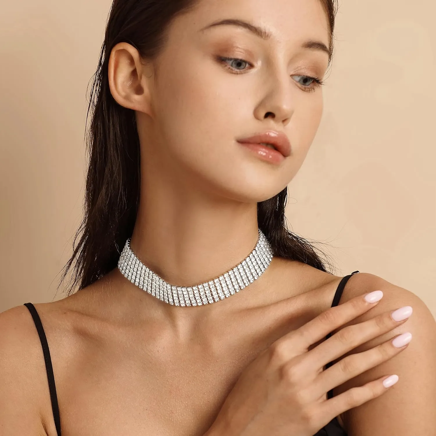 Zealmer Rhinestone Choker Necklaces Silver Sparkling Diamond Choker Crystal Rhinestone Glitter Necklace Gold Plated Jewelry Gifts for Women Bridal Wedding Bridesmaid
