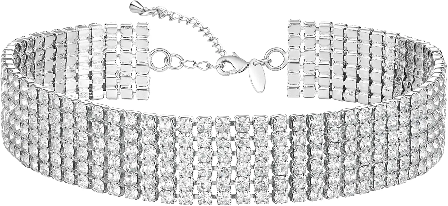 Zealmer Rhinestone Choker Necklaces Silver Sparkling Diamond Choker Crystal Rhinestone Glitter Necklace Gold Plated Jewelry Gifts for Women Bridal Wedding Bridesmaid